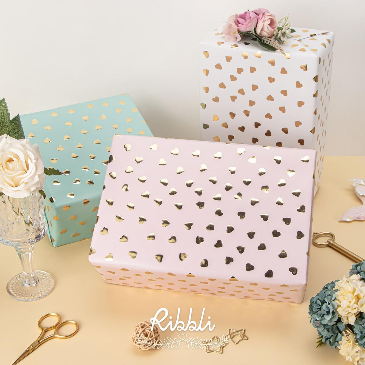 Ribbli Birthday Wrapping Paper Heart Foil Mini Roll Gift Wrap for Women Girls Anniversary Mother's