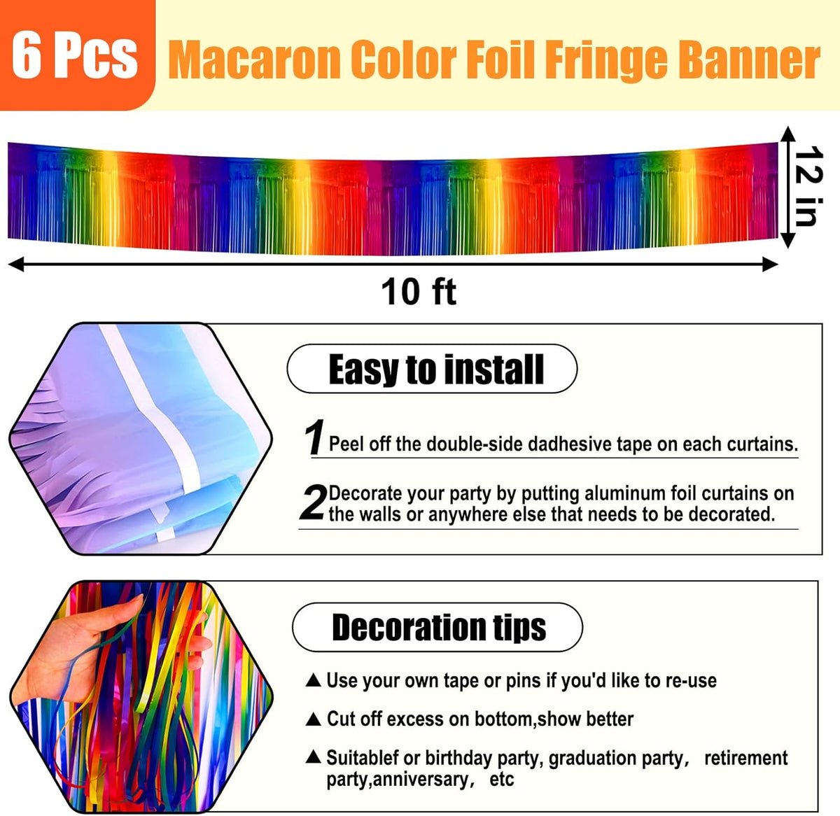 6 Pack 10 Feet Rainbow Foil Fringe Garland Metallic Tinsel Streamers Banner Wall Hanging Curtain