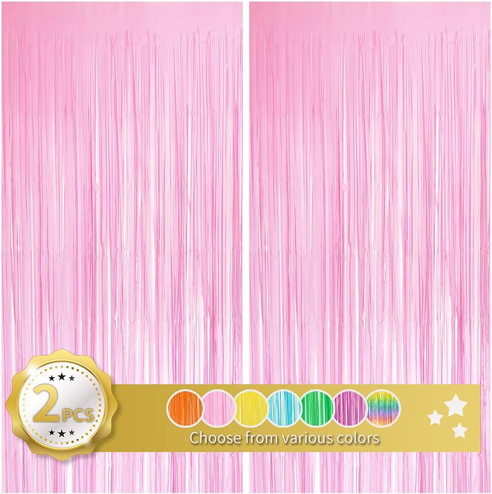 BEISHIDA 2 Pack Pink Tinsel Foil Fringe Curtains Light Macaron Metallic Curtain Photo Backdrop for