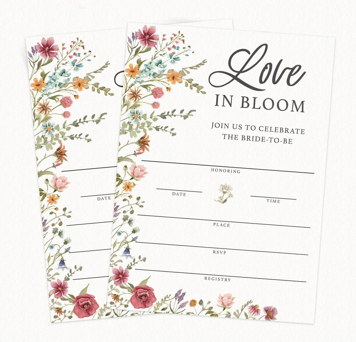 Printed Party Bridal Shower Invitations and Envelopes, Wildflower Theme, Love In Bloom Design, Set