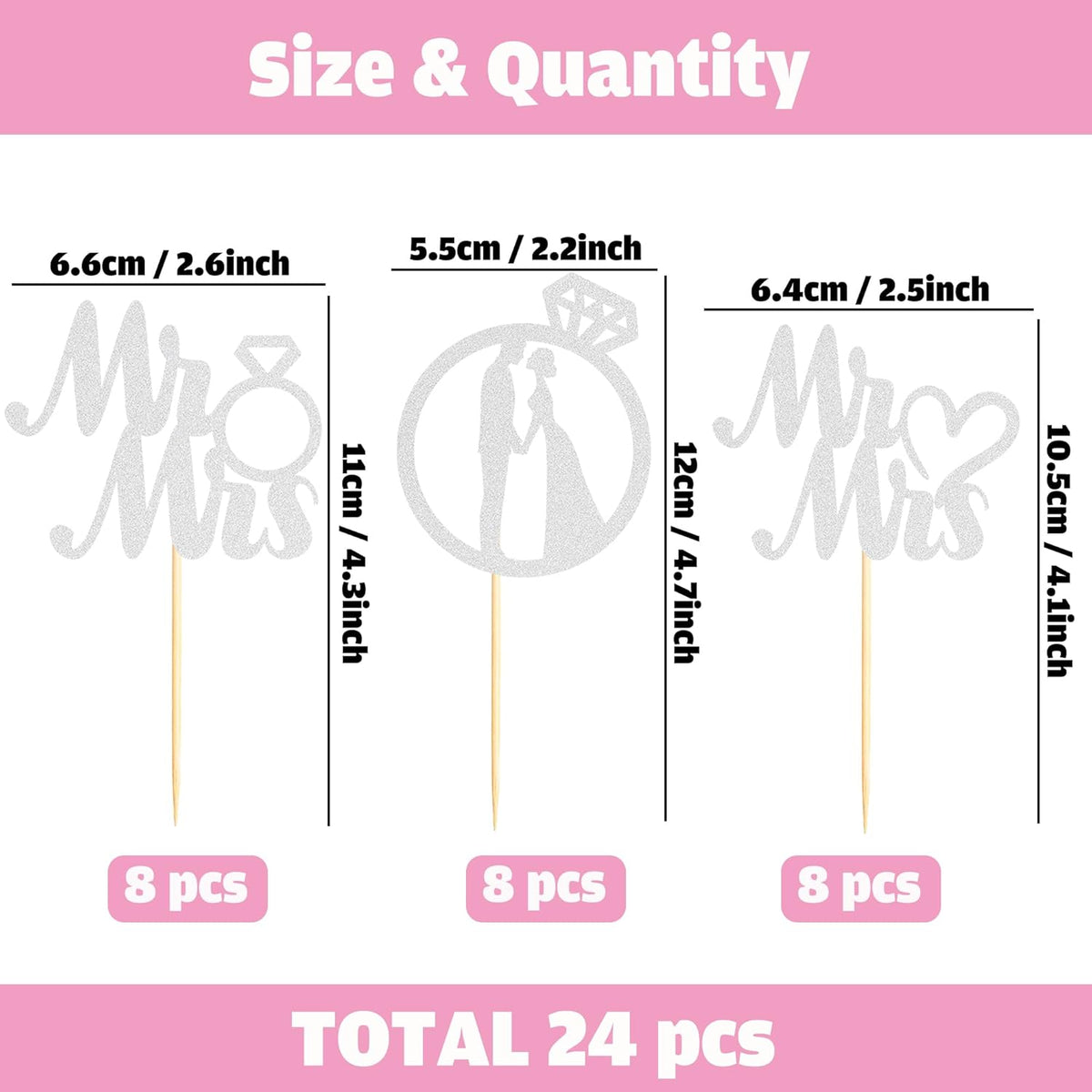 Sotpot 24PCS Miss to Mrs Cupcake Toppers with Ring Silver Glitter for Wedding Bridal Shower Wedding
