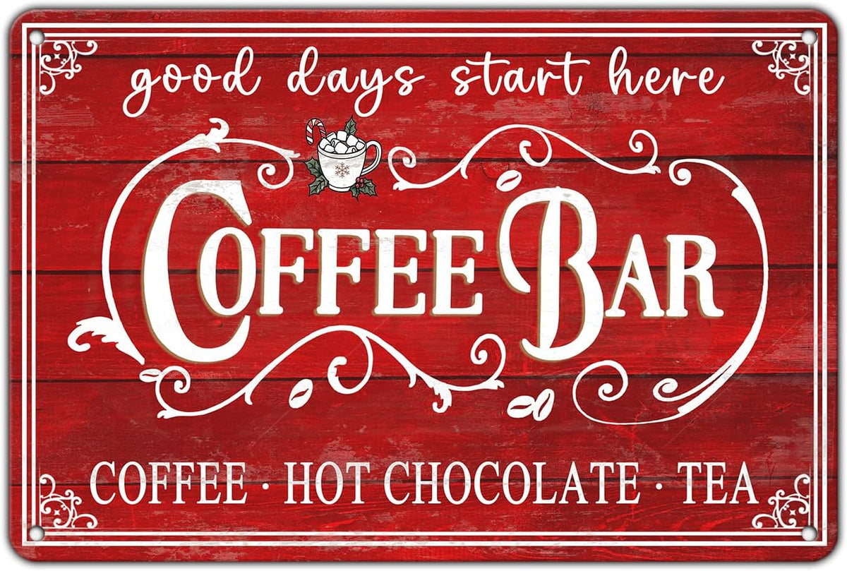 Vintage Christmas Coffee Bar Tin Sign - Kitchen Decor, Tea Bar Accessories, Hot Chocolate Station