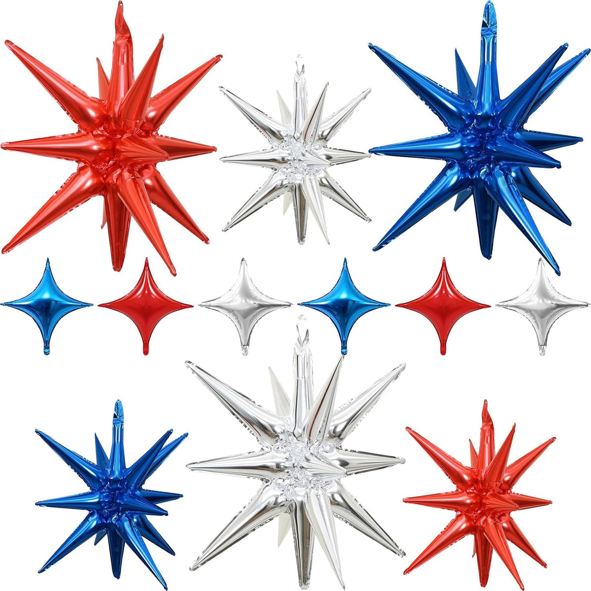 Red Blue Silver Star Balloons 12pcs, 27/22 Foil Inch Star Explosion Balloons, Large Spike Mylar