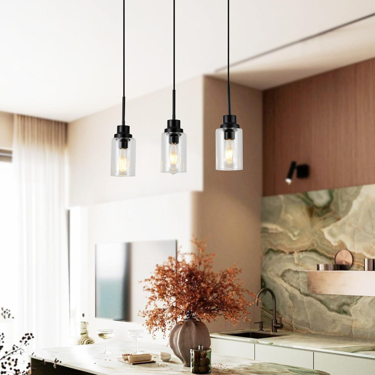 3-Lights Pendant Light Fixtures, Modern Black Kitchen Island Lighting with Clear Glass Shade