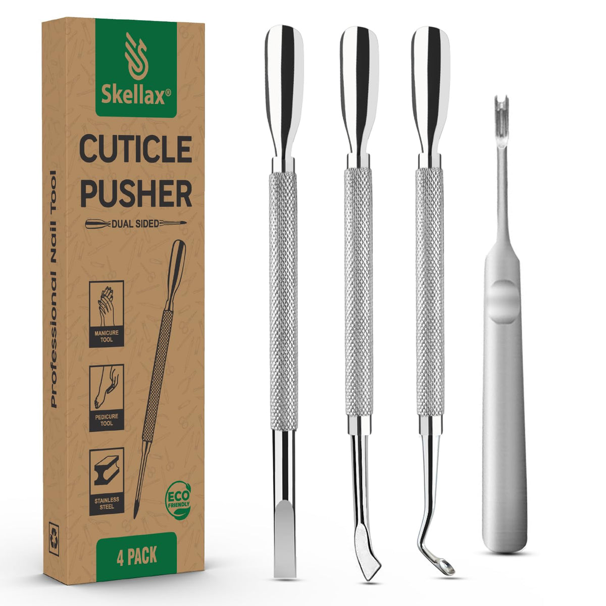 Cuticle Pusher Double Ended Sharp Edge Spoon Shaped Set, Salon Quality Stainless Steel Metal