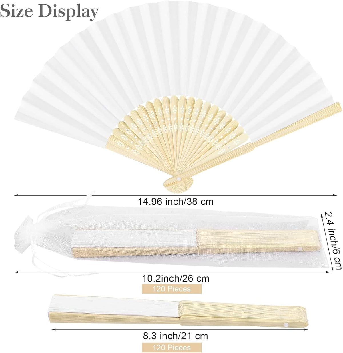 MCEAST 120 Pieces Wedding Handheld Paper Fans White Bamboo Folding Paper Fan with 120 Organza Bags