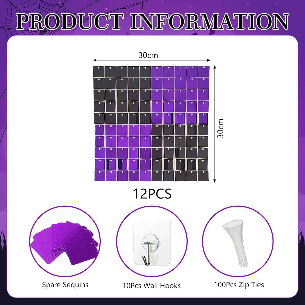 12PCS Black Purple Shimmer Wall Backdrop, Square Sequin Photo Backdrops Panel, Glitter Wall