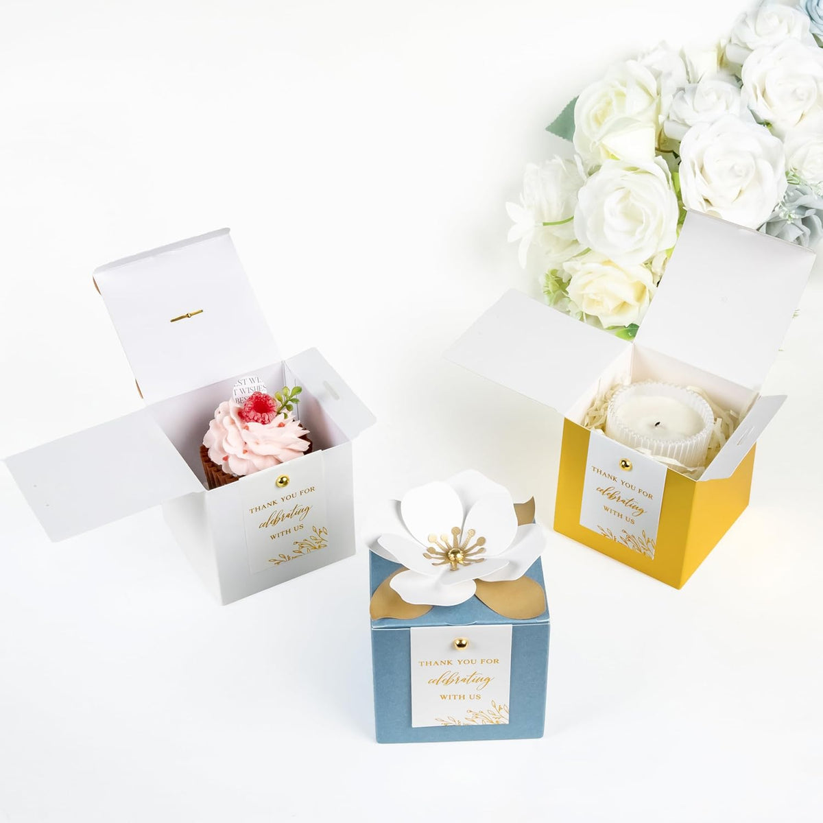 FEIYI 20 PCS Gold Gift Boxes, 3 In 1 Favor Boxes with Floral Decor, White Thank You Tags Cupcake