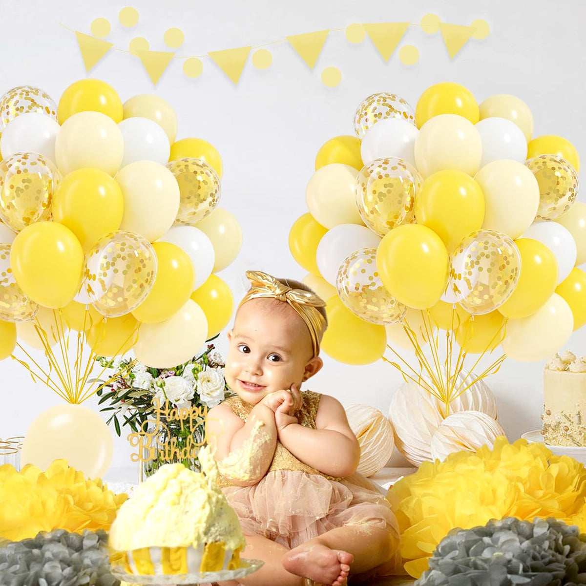 60pcs Yellow and White Balloons 12inch with Pastel Yellow White Gold Confetti Balloons for Bee