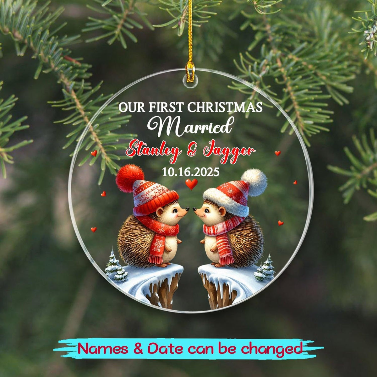 Our First Christmas Married Ornament, Custom Date/Name Mr & Mrs Hedgehog Ornament Gift for
