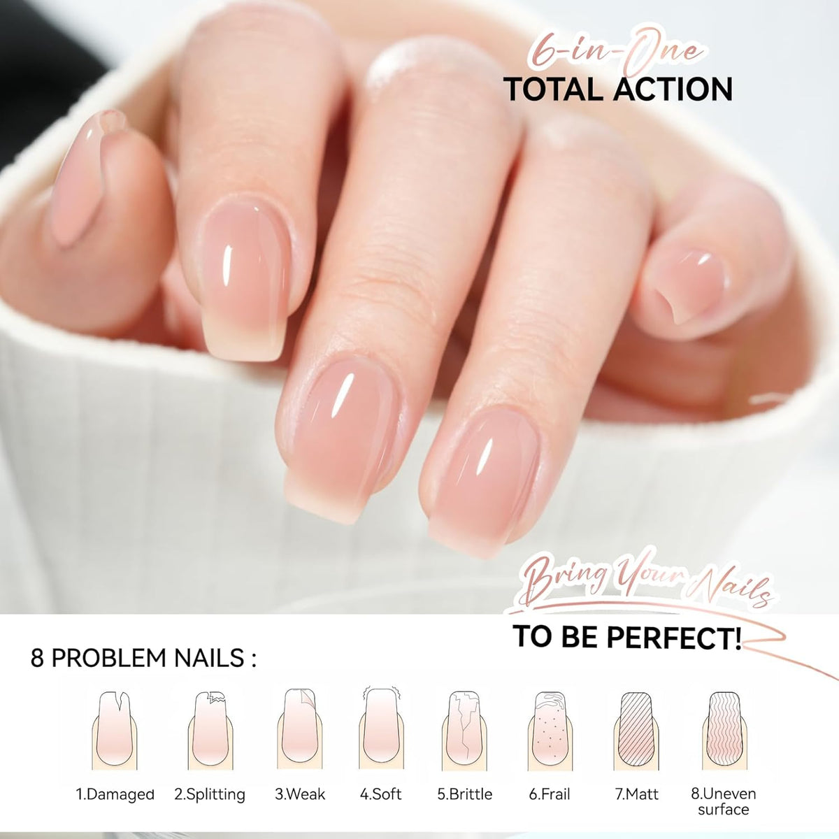 Gelike EC Nail Strengthener for Woman: Nude Blush 15ml 6 in 1 Natural Nail Hardener Extra Strong