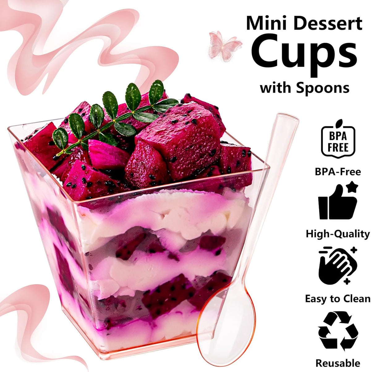 YOUBET 102 PCS Plastic Dessert Cups - 8oz Pink Clear Square Cups - 51 Pack Mini Appetizer Cup with