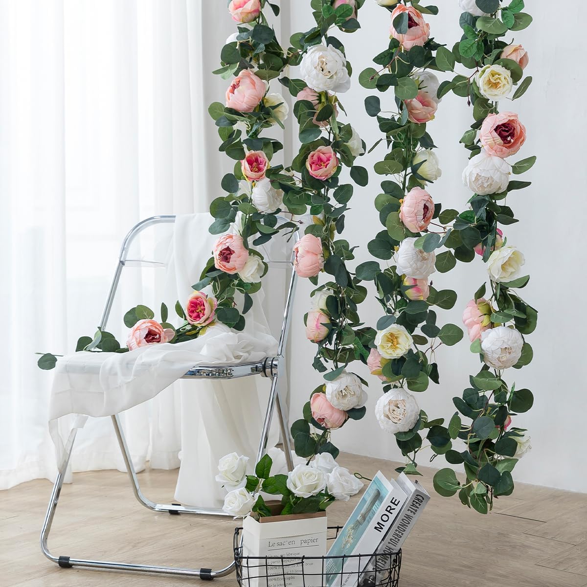 Floweroyal 2 Pack Artificial Flower Garlands 11.2FT Eucalyptus Garlands with Flowers 8 Head Peony