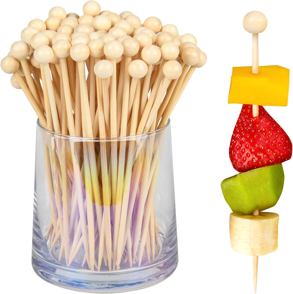 300Pcs Fancy Toothpicks for Appetizers,4.7Inch Wooden Ball Cocktail Picks For Drinks,Bamboo
