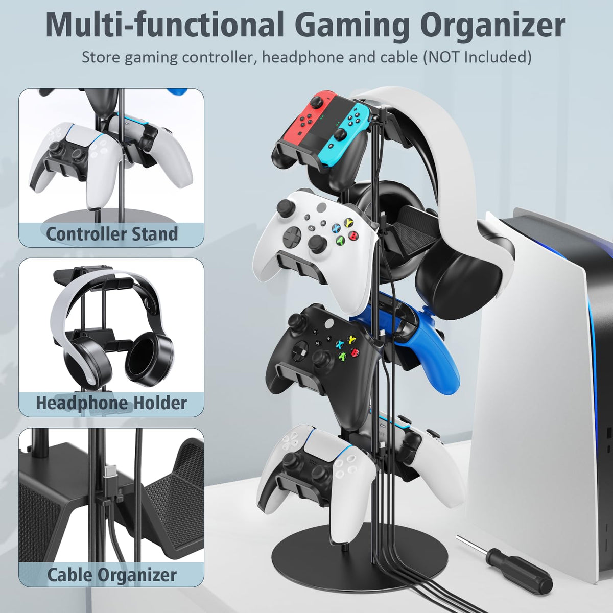 Kytok Controller Stand 4 Tiers with Cable Organizer for Desk, Universal Headphone Stand Compatible