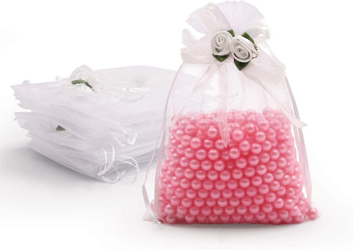 SumDirect Rose Organza Gift Bags - 50Pcs 5x7 inch White Wedding Favor Gift Bags, Jewelry Pouches