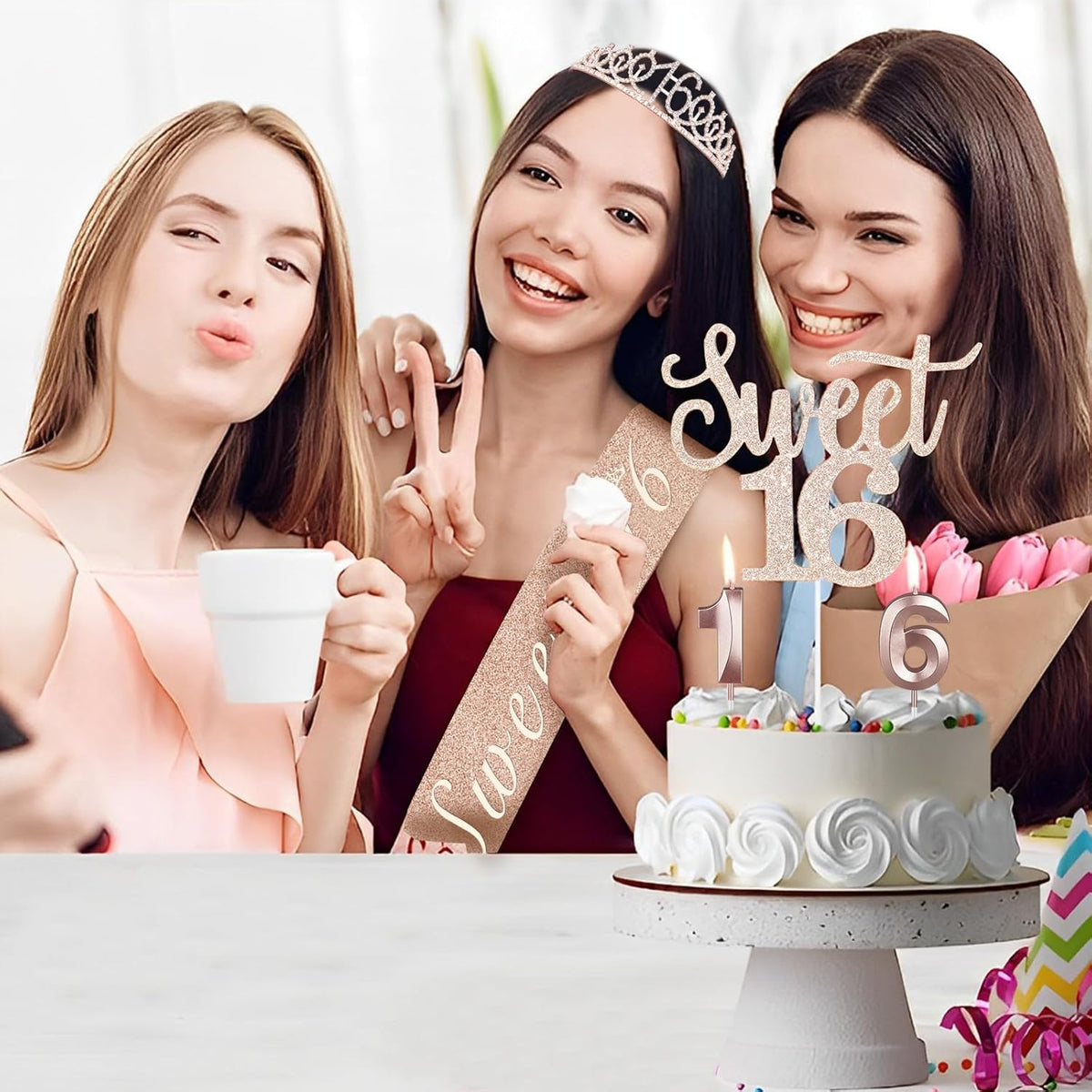 Sweet 16 Party Decorations for Girls Including Sash and Tiara, Cake Topper and Candles, 16th