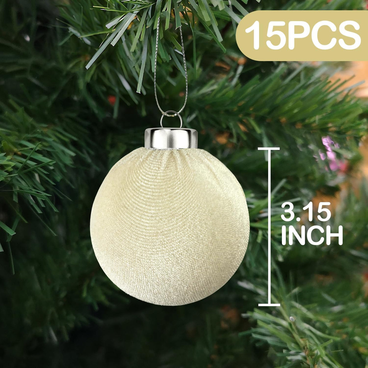Beige Velvet Christmas Ball Ornaments for Tree 15 PCS, Large Neutral Flocked Christmas Bulbs