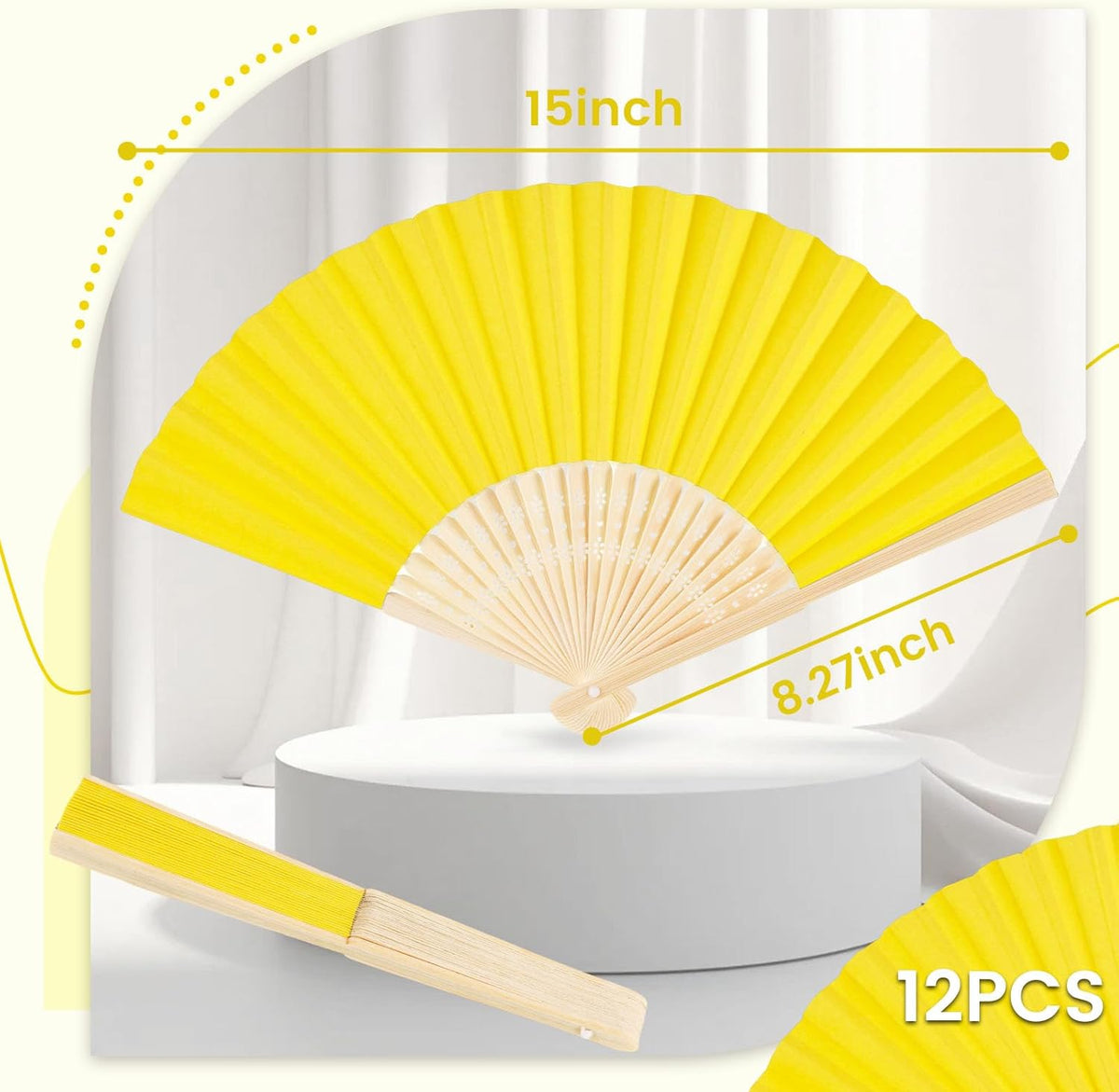 JOHOUSE 12 Pcs Paper Folding Hand Fans, 8.3 Inch Lemon Yellow Paper Fans Handheld Portable