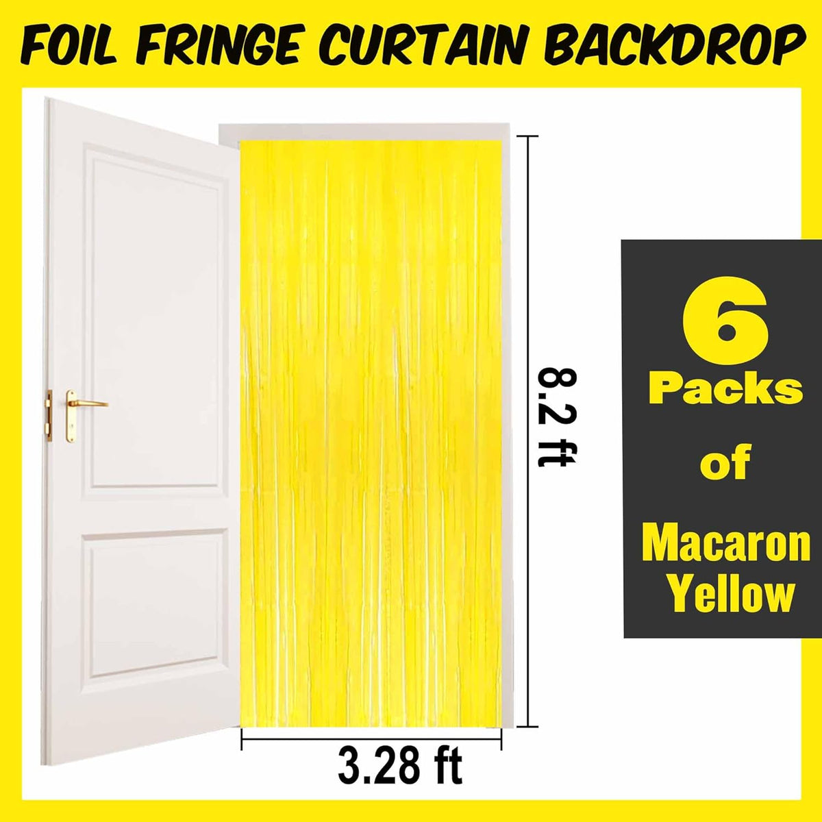 6 Pack Macaron Yellow Foil Fringe Curtains Backdrop, 3.28 x 8.2 Ft Metallic Streamers Tinsel