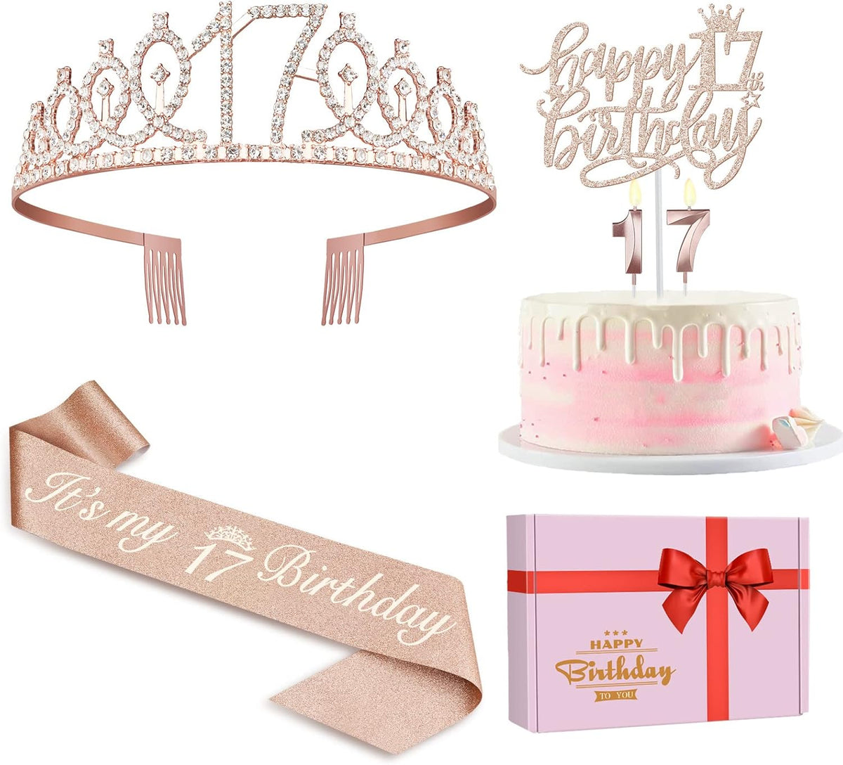 17th Birthday Decorations for Girls Including Birthday Girl Sash, Crown, Numeral Candles and Cake