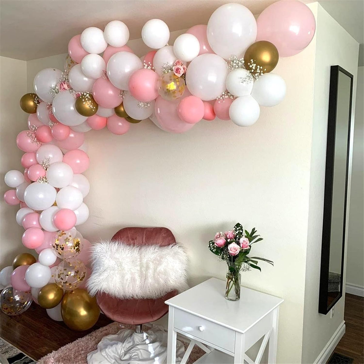 Balloons Pink White Gold, 12 Inch Pastel Pink Pearl White Metallic Chrome Gold Confetti Latex