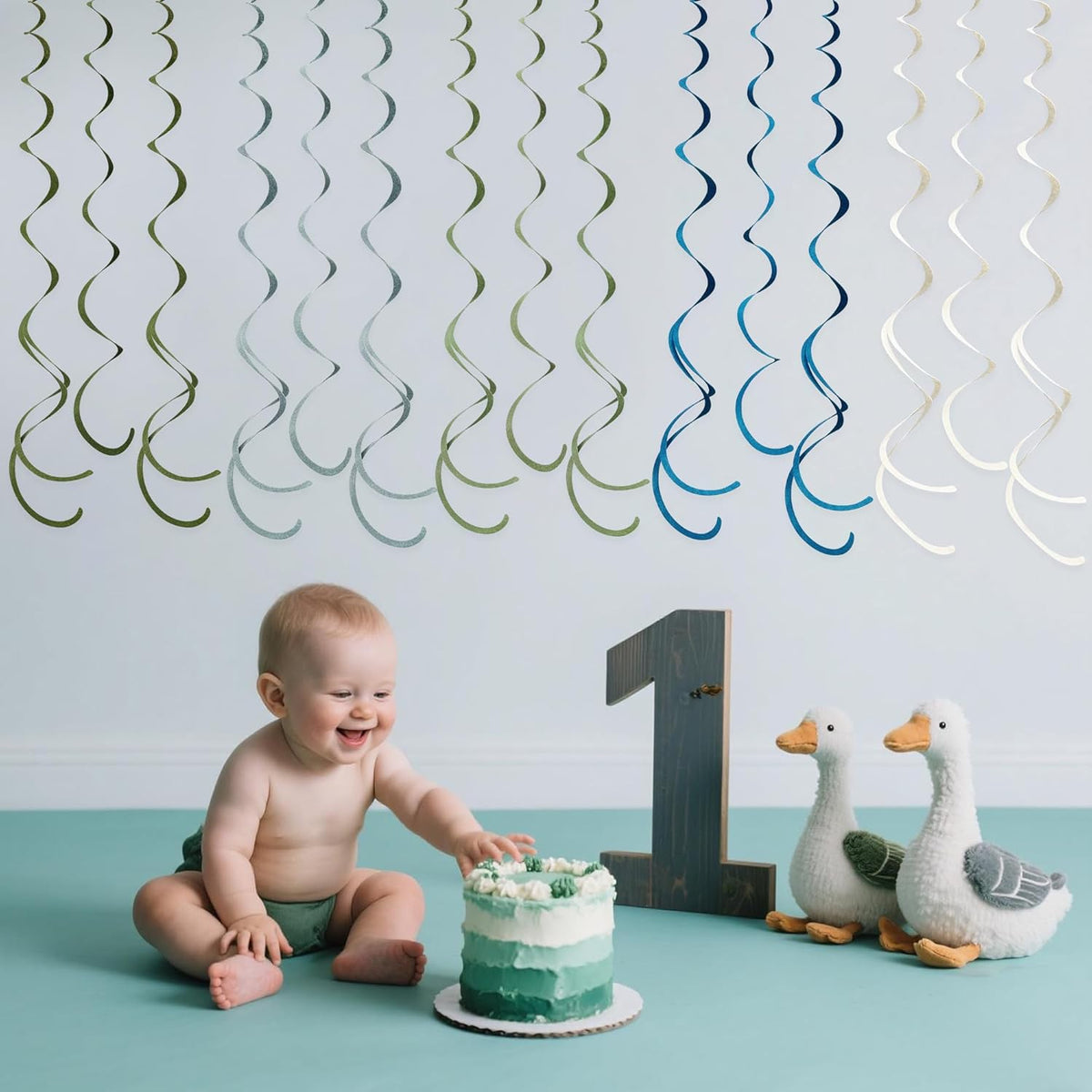 36 Pcs Sage Green Dusty Blue Hanging Swirl Decorations Blue Sage Green Felt Swirl Streamer Spiral