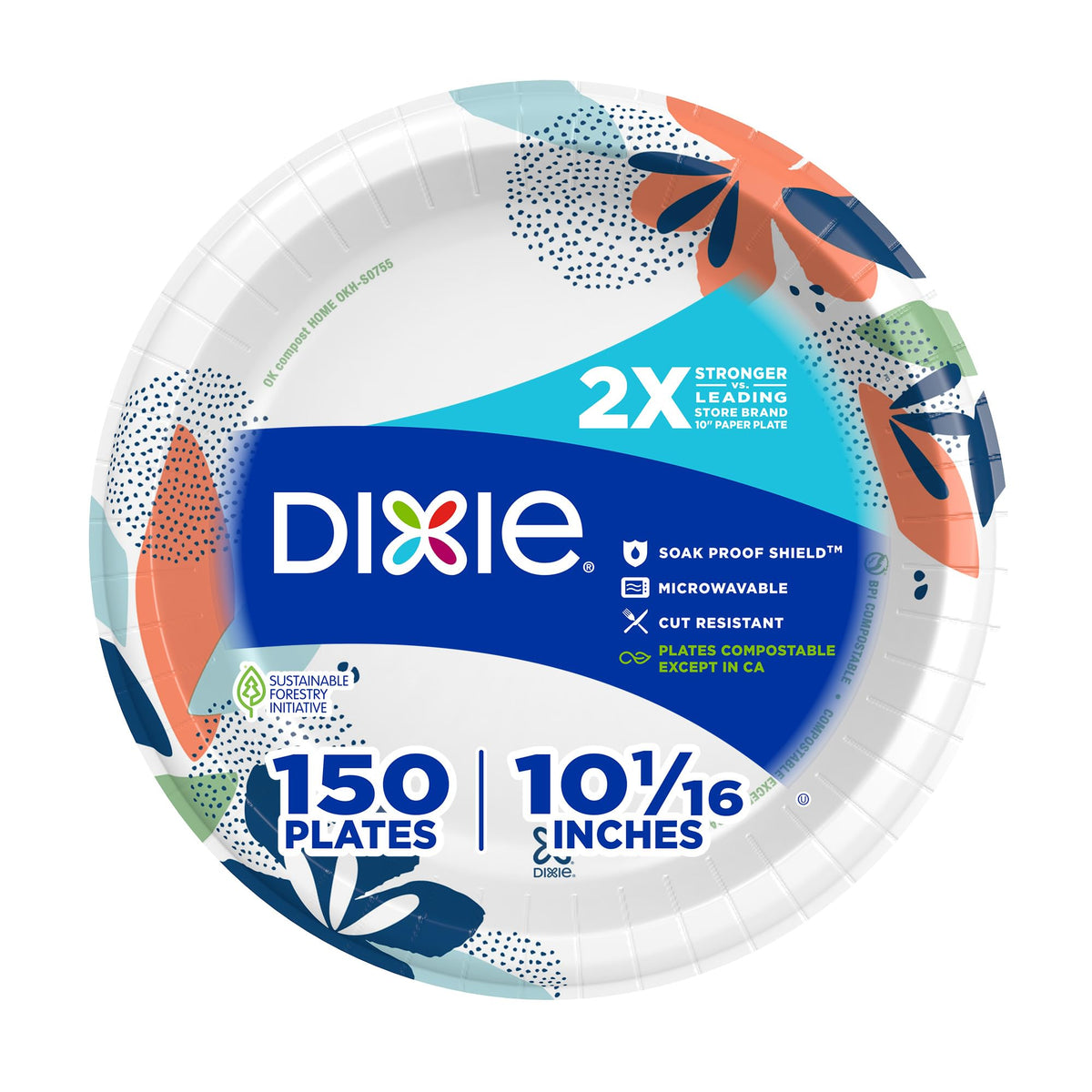Dixie Large Paper Plates, 10 Inch, 150 Count, 2X Stronger*, Microwave-Safe, Soak-Proof, Cut