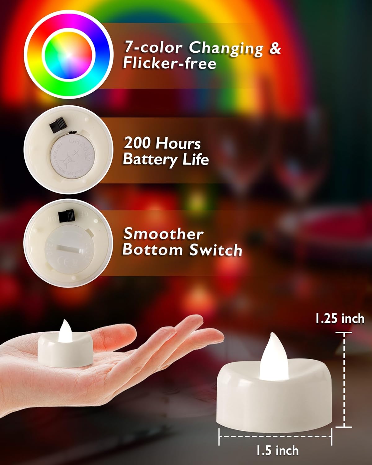 Raycare 7-Color Changing LED Tea Lights Battery Operated, 200+Hour Flickering Votive Candles