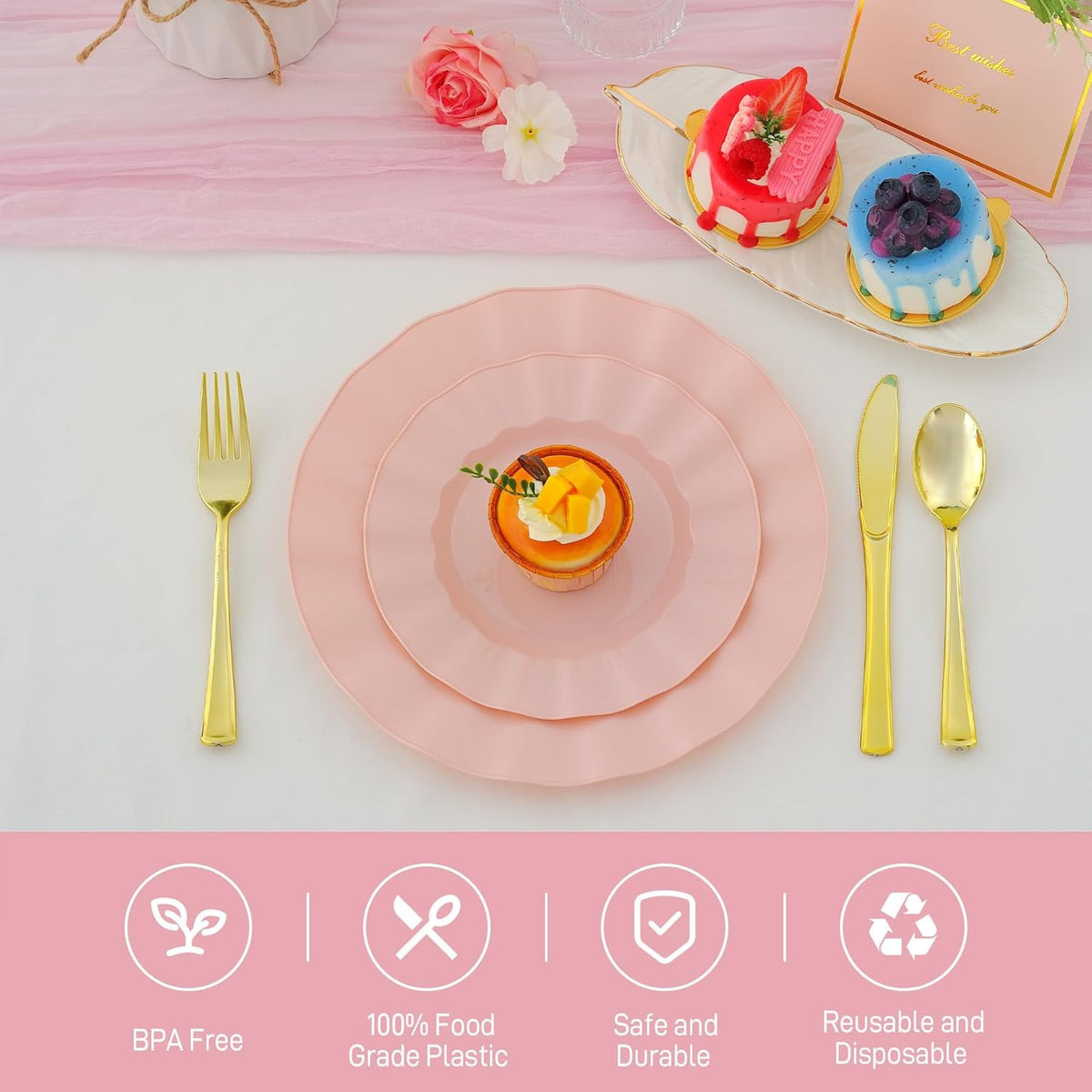 60Pcs Premium Pink Plastic Plates, Fancy Nice Disposable Plate, Elegant Wedding Plates Set include