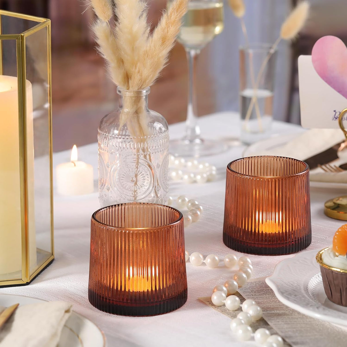 Amber Ribbed Tealight Votive Candle Holders- 6Pack Glass Candle Holders for Table Centerpiece, Home