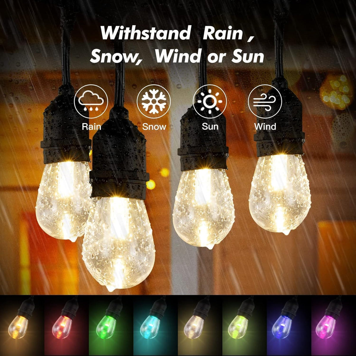 48FT Solar Outdoor String Lights, 15 Shatterproof Edison LED Bulbs, Dimmable RGB Color Changing