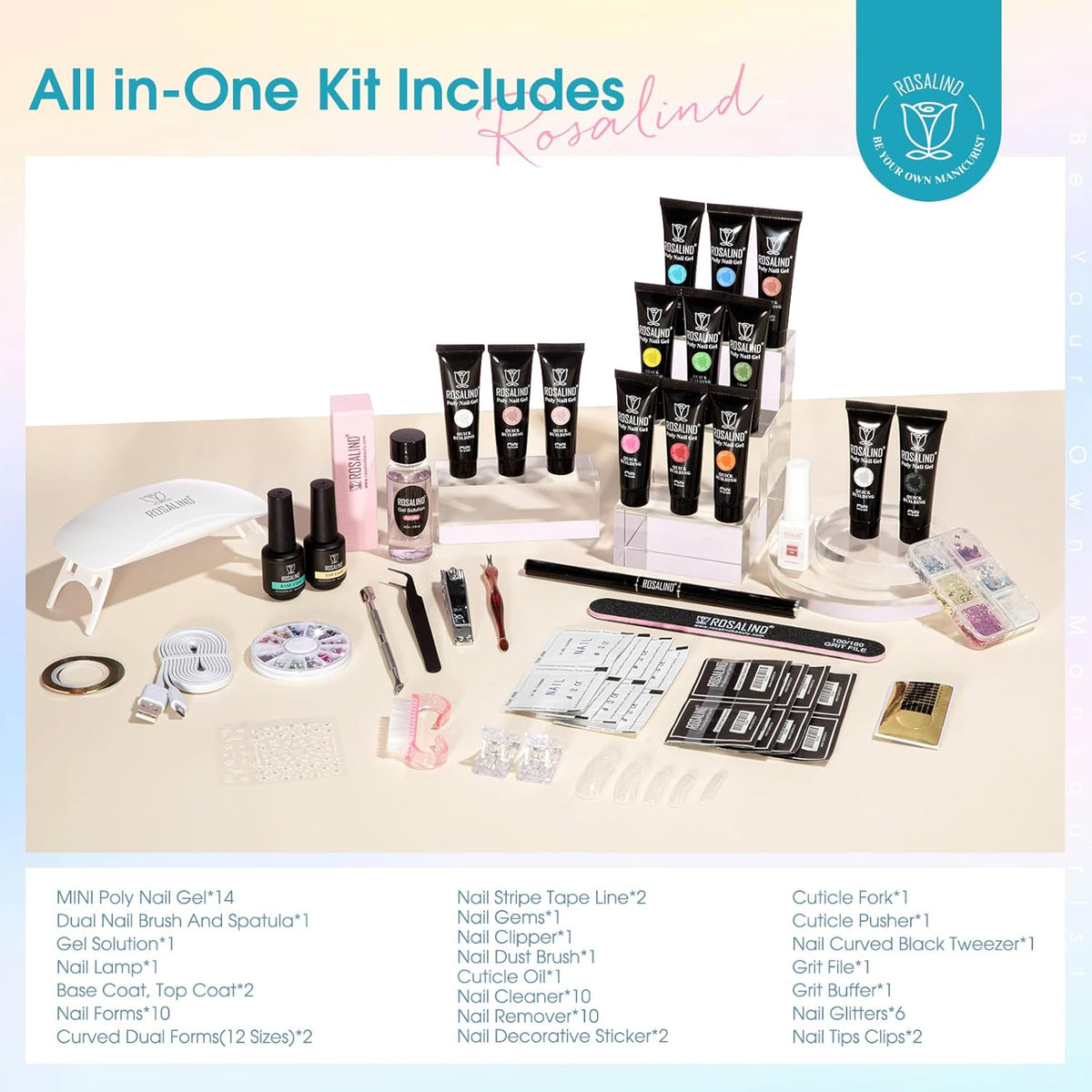 ROSALIND Poly Nail Gel Colors Kit -14 Colors +72 Nail Art Accessories kit Poly Nails Gel Kit