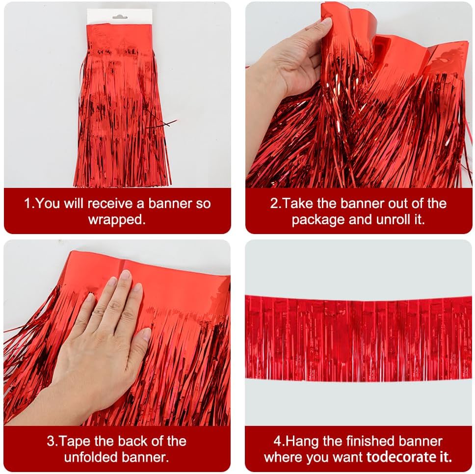 BEISHIDA 3 Packs 30 Feet Metallic Foil Fringe Garland Tinsel Streamers，Shiny Red Wall Hanging