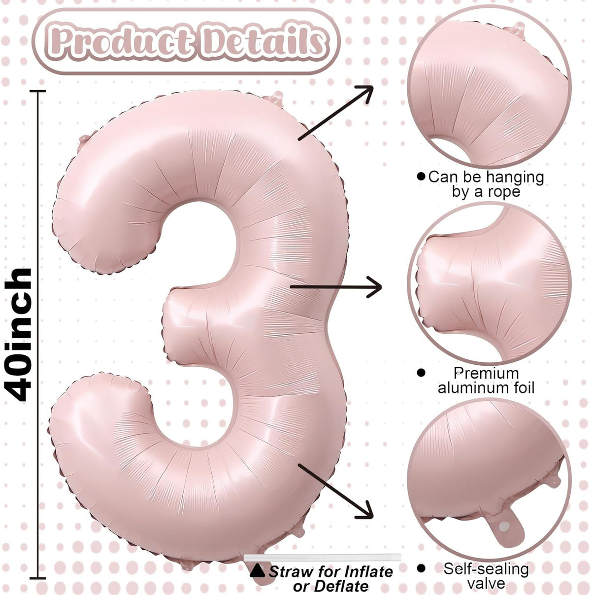 Pink Number 3 Balloon, 40 Inch Giant Pastel Light Pink Number Balloons 0-9 for Girls, Self