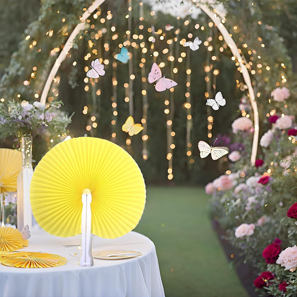 12 Packs Decorative Paper Folding Hand Fans Handheld,Yellow Round Foldable Wedding Fans Chinese and