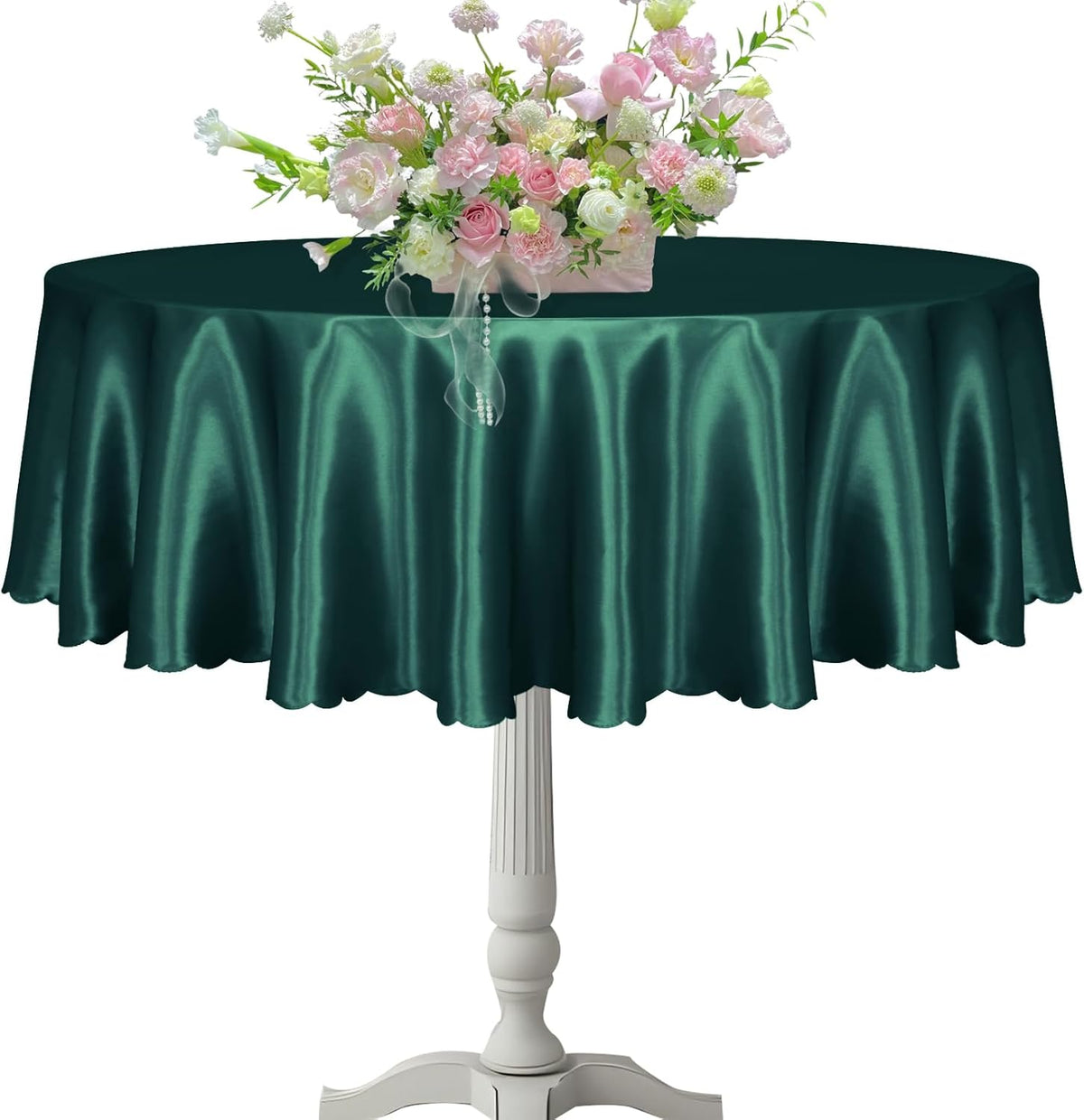 KKJIAF 1 Pack 60 Inch / 5ft Round Table Cloth, Hunter Green Overlay Round Satin Table Cover, Silky
