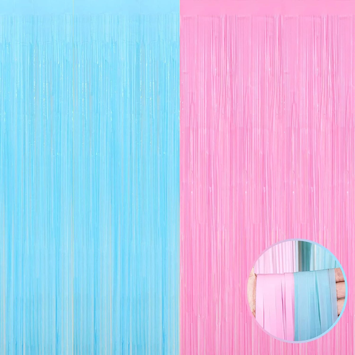4 Pack Macaron Pink Blue Foil Fringe Curtain Backdrop, 3.28Ft x 9.8Ft Metallic Tinsel Foil Fringe