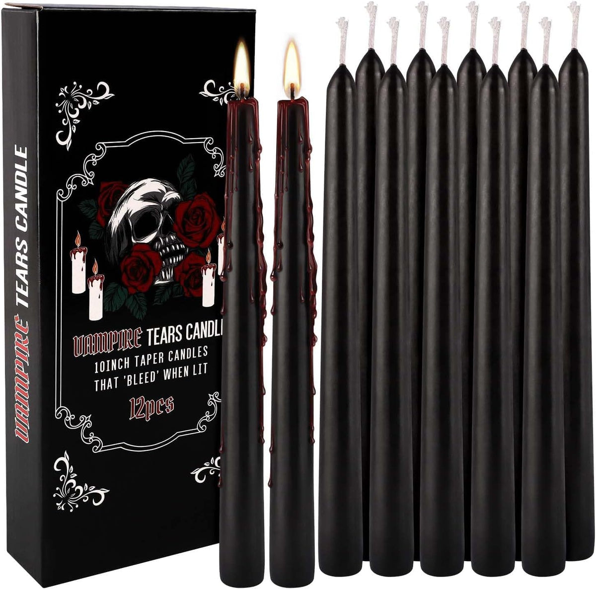 12PCS 10-Inch Black Bleeding Taper Candles,Vampire Tears Taper Candles- Unscented Candle Pack Ideal