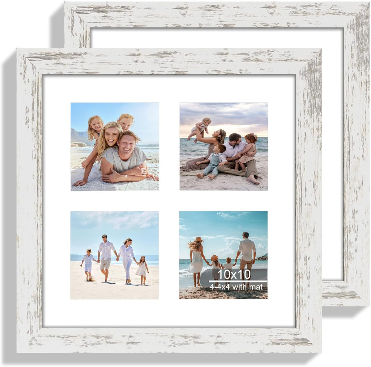 10x10 Picture Frame Set of 2, Real Glass and Distressed White Collage Frame, Display Pictures Four