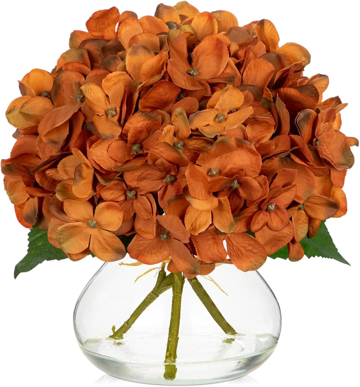 Hollyone Dark Orange Fall Hydrangea Artificial Flowers for Decoration with Glass Vase Silk Faux