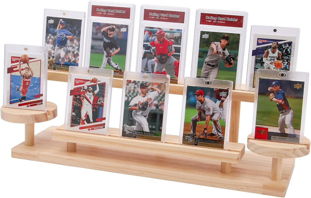 Wooden Trading Card Display Stand, 3-Tier Card Holder for Graded, Sports and TCG Cards, Tabletop