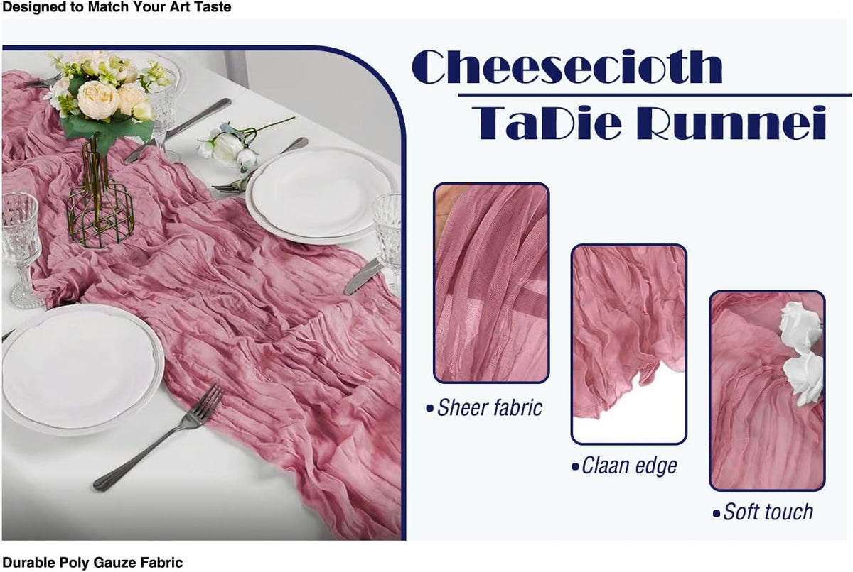 20 Pack Dusty Rose Cheesecloth Table Runner 17x108 Inch Boho Wrinkled Sheer Gauze Cheese Cloth