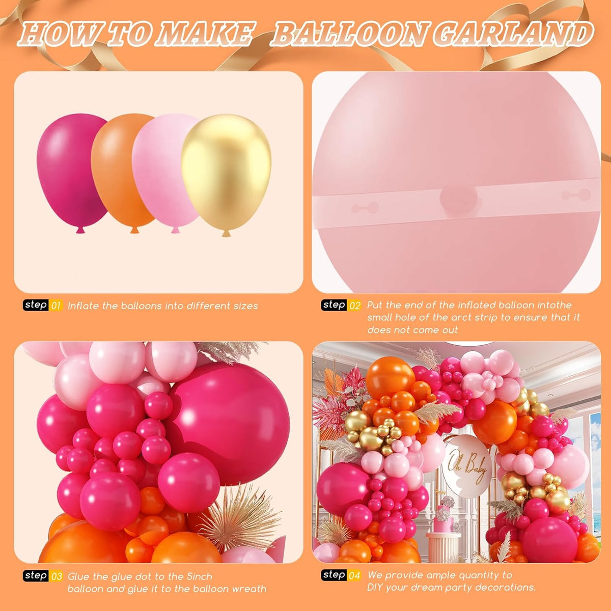 Pink and Orange Balloon Arch Kit,412Pcs Hot Pink Orange Metallic Gold Latex Balloon Garland kit 18