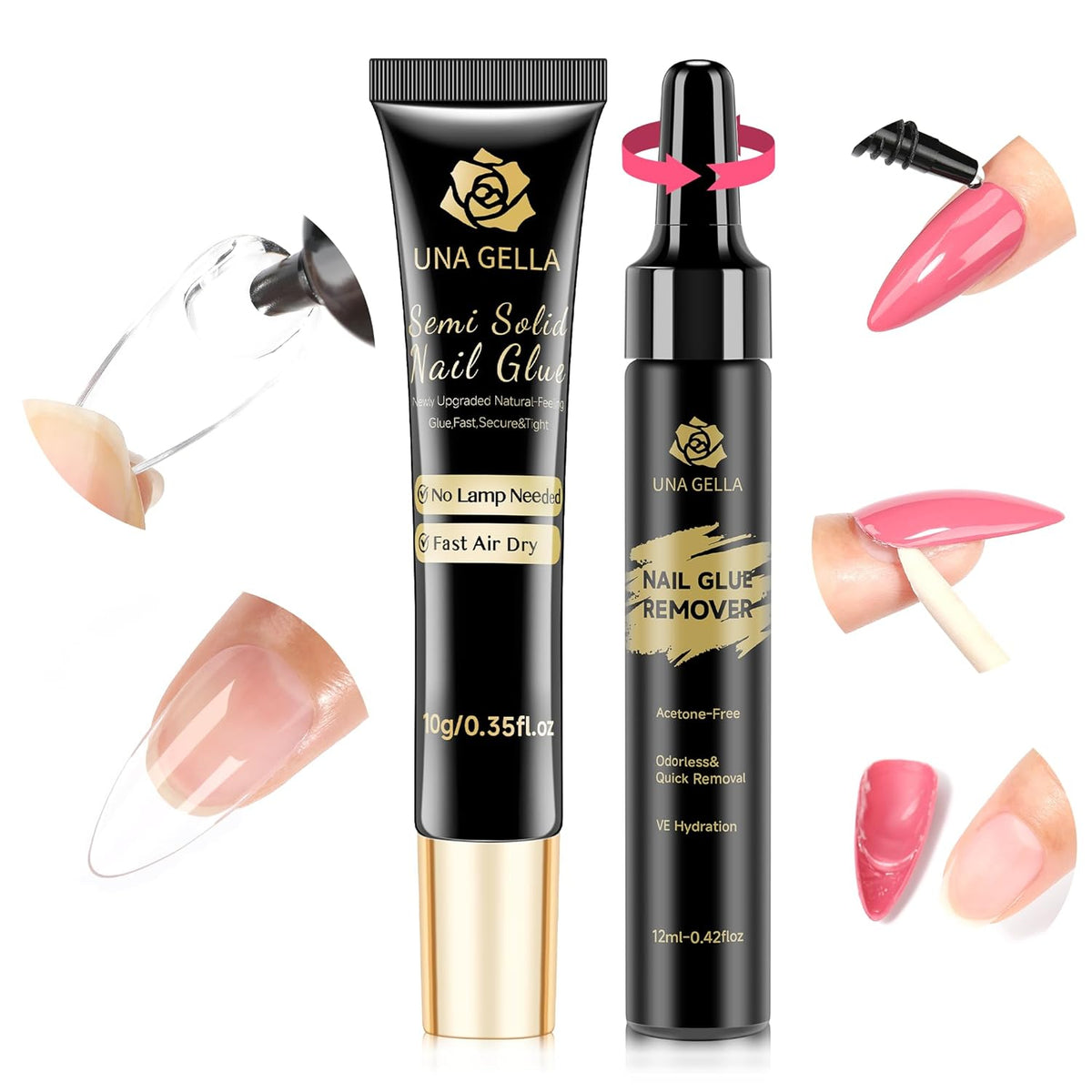 UNA GELLA Lamp-Free Semi Solid Nail Glue for Press Ons: 10ml and Soak Off Gel Nail Glue Remover for