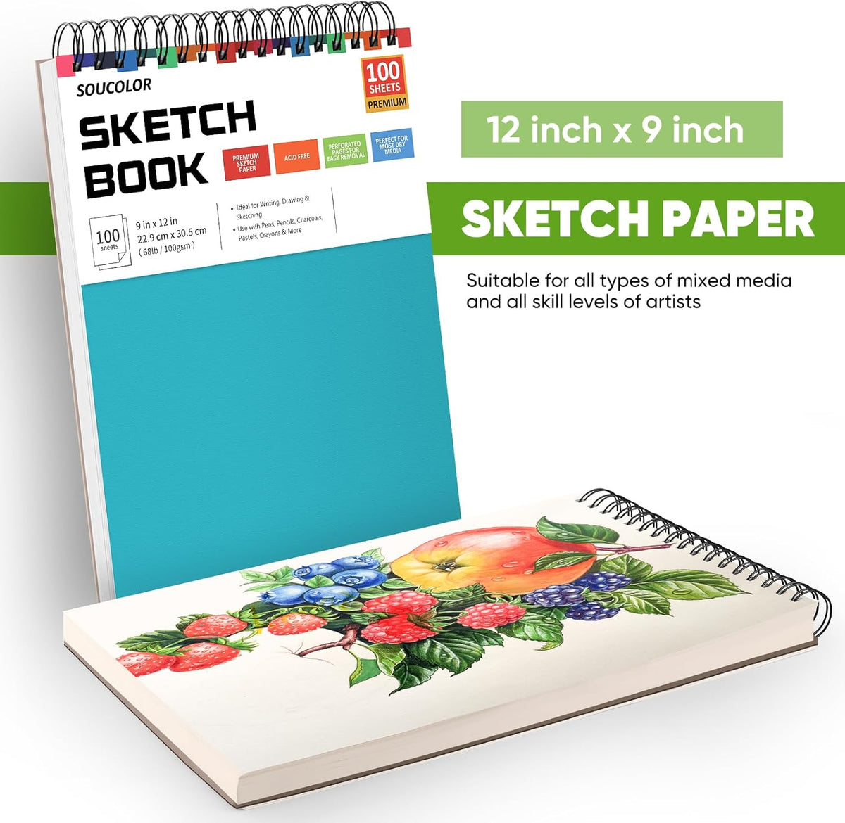Soucolor School Supplies 9" x 12" Sketch Book for High College Teacher Student, 1-Pack 100 Sheets