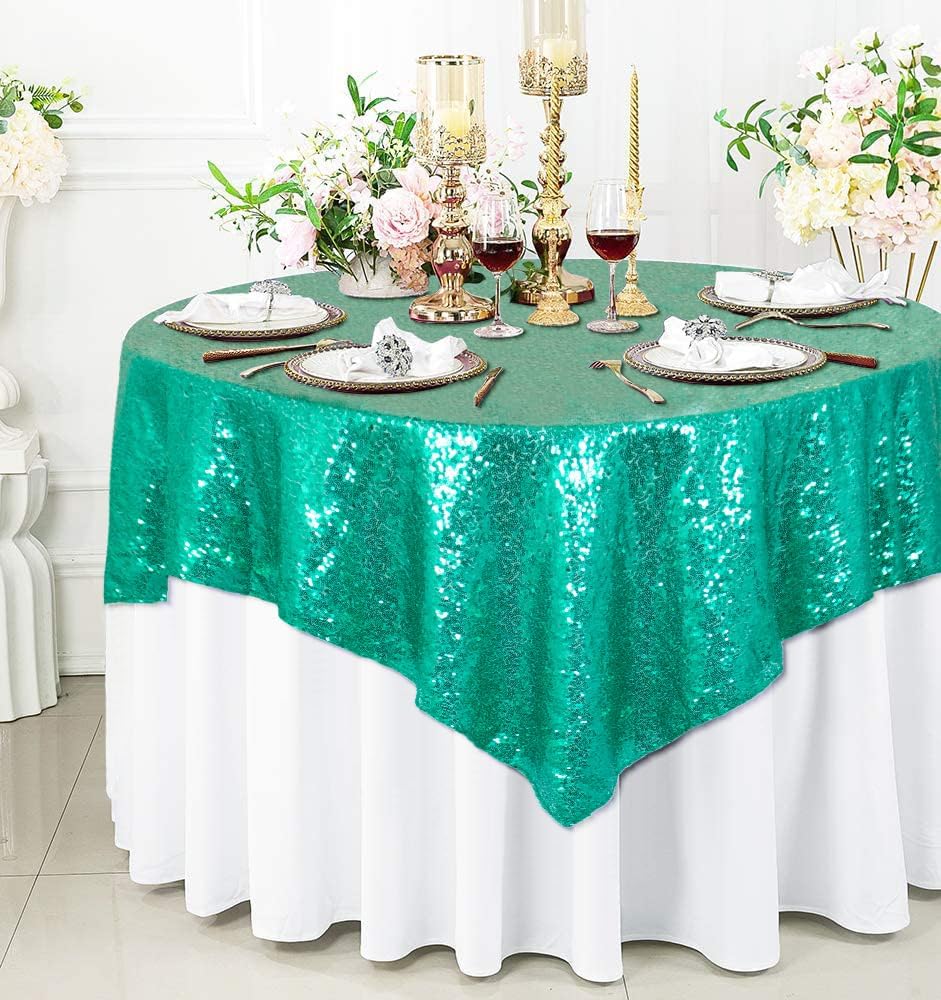 ShinyBeauty Sequin Tablecloth Square 54x54-Inch Green Table Cloths for Round Tables Christmas Green