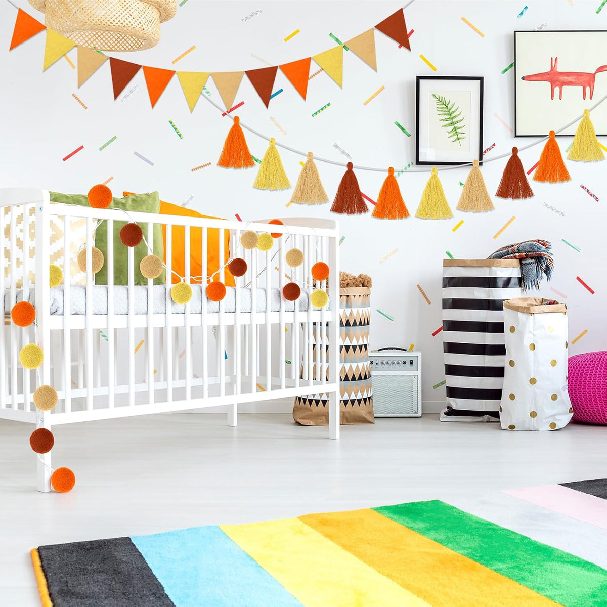 Irenare 9.8 ft Pom Pom Garland Felt Colorful Tassel Banner Christmas Party Pompoms Garland