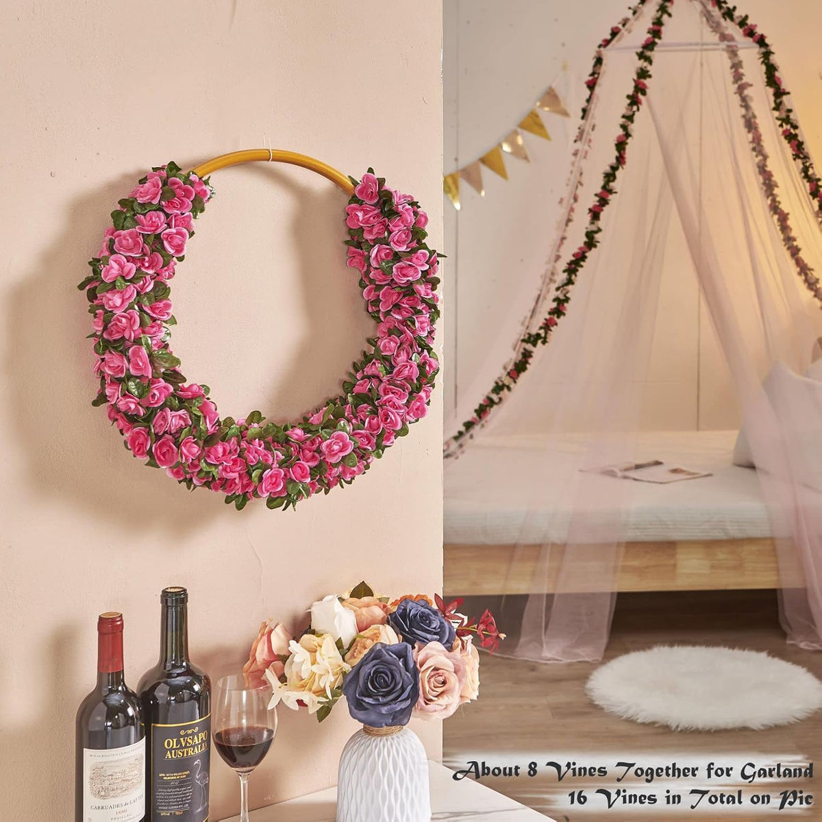 6 Pcs x 8.2 ft Flower Garland Artificial Rose Vine Flowers with Green Leaves Hanging Fake Roses