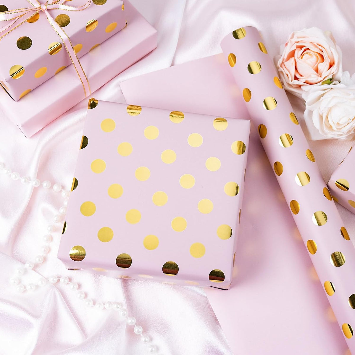 Burymento Pink and Gold Dots Wrapping Paper, Reversible Pink Gift Wrap for Birthday, Valentines